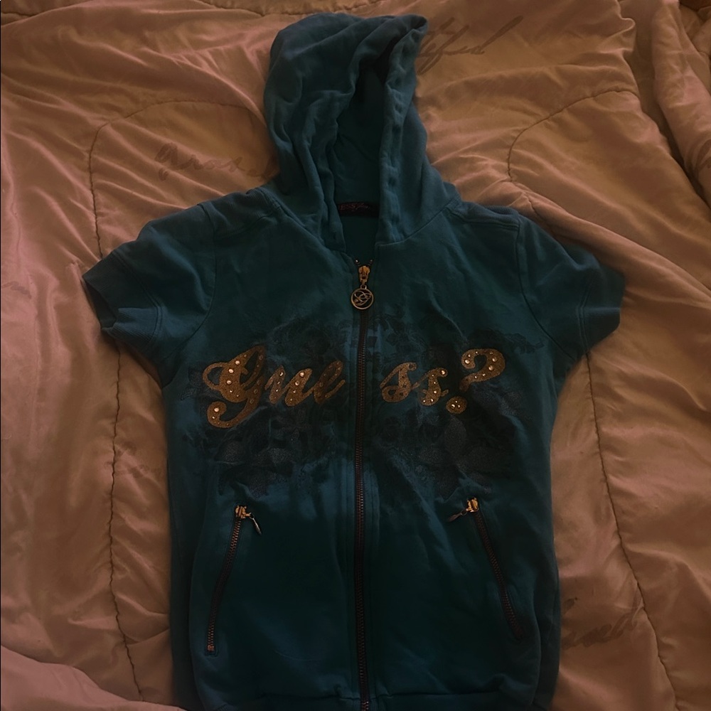 Y2k Guess Teal Short Sleeve zip up with hoodie